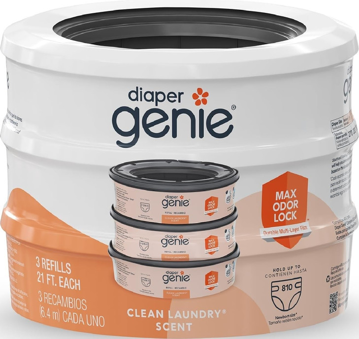 Diaper Genie Bags Refills 270 Count (Pack of 3) Clean Laundry Scent | Diaper Pail Refills with Max Odor Lock | Holds