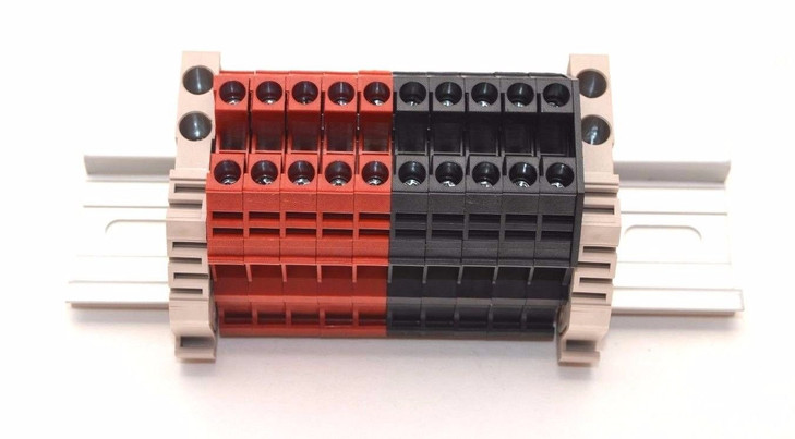 Dinkle Assembly DK4N Red/Black 10 Gang DIN Rail Terminal Blocks, 10-22 AWG, 30 Amp, 600 Volt