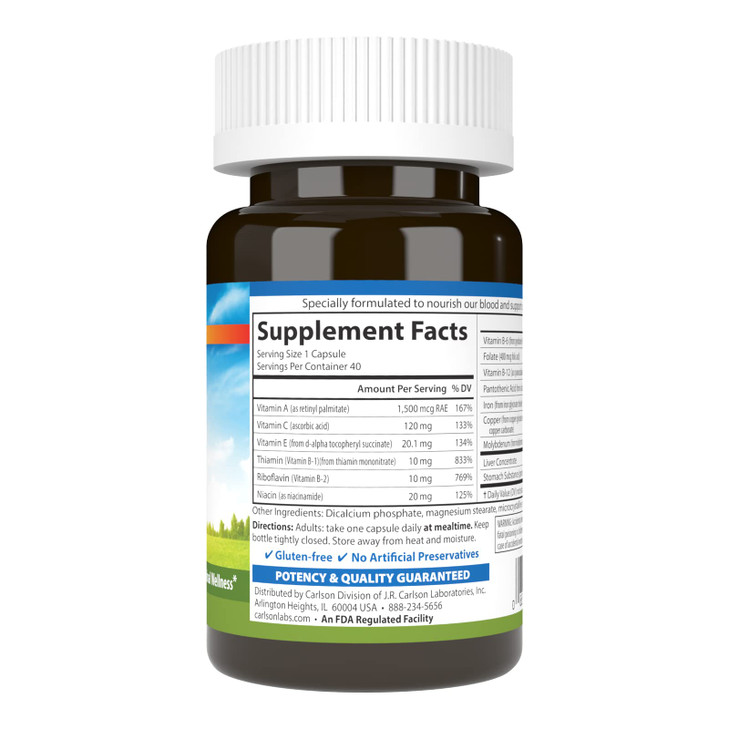 Carlson - Blood Nutrients, 28 mg Iron, Blood Development, Iron Absorption & Optimal Wellness, 40 Capsules