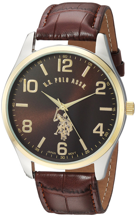 U.S. Polo Assn. Men's Brown Dial Watch with Gold-Tone Bezel and Croc-Embossed Strap A Analog Quartz Timepiece in Gift
