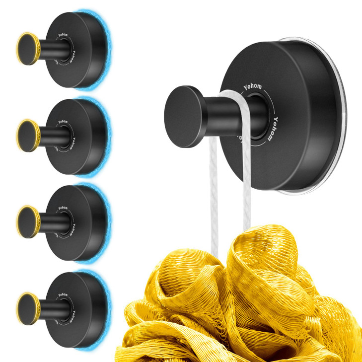 YOHOM Suction Cup Hooks for Shower Bathroom Cup Wall for Inside Vacuum Windows (4 Metal Matte Black, 4 Metal Matte
