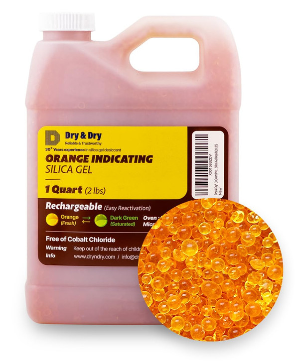 "Dry & Dry" [1 Quart] Premium Orange Indicating Silica Gel Desiccant Beads(Industry Standard 3-5 mm) - Rechargeable