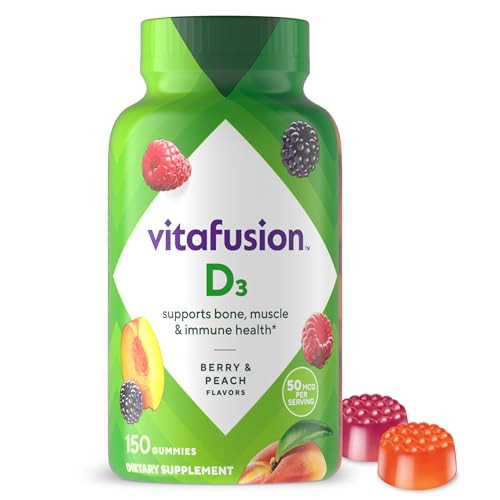 vitafusion Vitamin D3 Gummies, Bone and Immune Support, Peach, Blackberry, Strawberry Flavored, 50 mcg D3 Gummy Vitamin Supplement, 75 Day Supply, 15