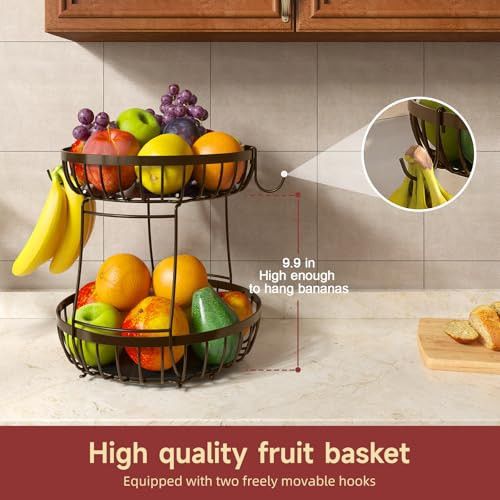 Sevenblue 2 Tier Fruit Bowl for Kitchen Counter with Banana Hangers, Brown