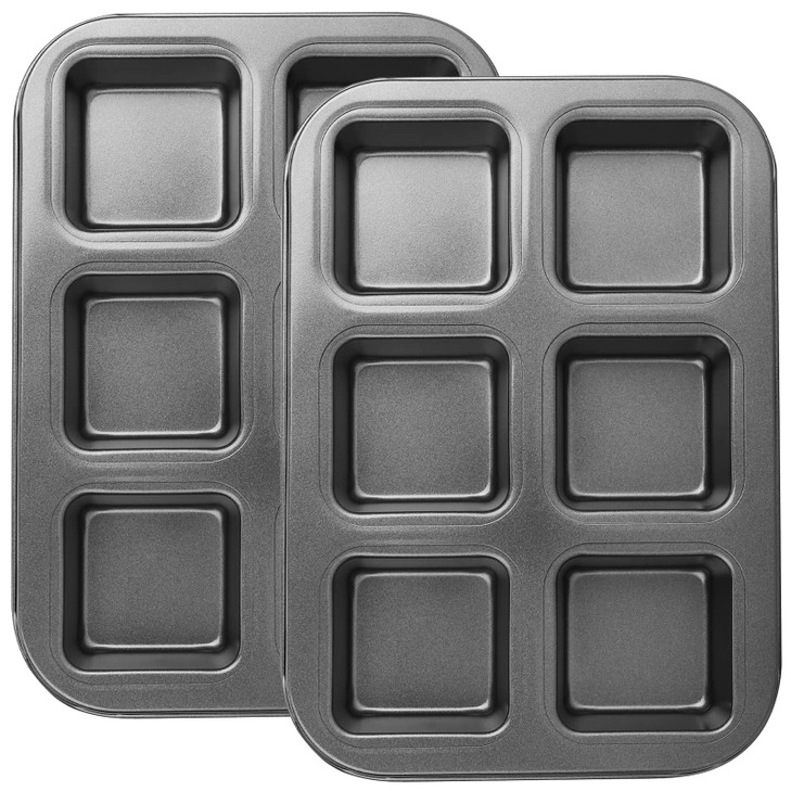 Beasea Nonstick Brownie Pan, 2 Pack 6 Cavity Black Square Brownie Muffin Pan Cake Pan Mini Cheesecake Cupcake Bakeware