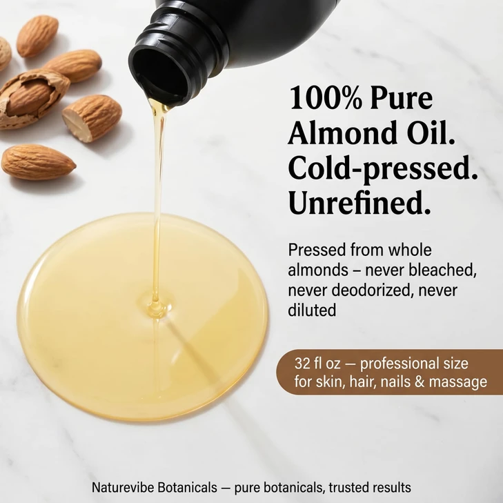 Naturevibe Botanicals Sweet Almond Oil 32 Ounces | 100% Pure and Natural Unrefined Cold Pressed Carrier Oil | Great