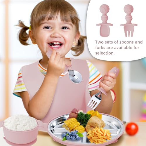 7 Pieces 304 Stainless Steel Baby & Toddler Feeding Set - Suction Divided Plates, Bowls, Silicone & Stainless Spoon