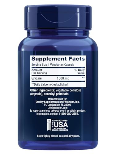 Life Extension Glycine, 1000 mg, Amino Acid That Promotes Healthy Sleep, Gluten-Free, Non-GMO, Vegetarian, 100 Capsules