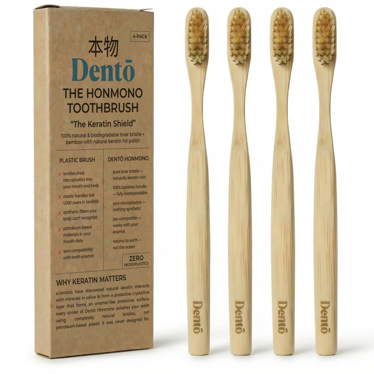 Dento 4-Pack Boar Bristle & Bamboo Toothbrushes, Keratin for Polish