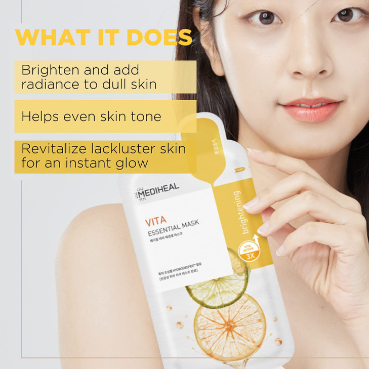 Mediheal Best Korean Sheet Mask - Vita Essential Face Mask 10 Sheets Vitamin Mask For All skin types Smoothing