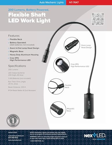NextLED NT-7647 20-Inch Gooseneck Flashlight with Magnetic Base, Cree LED, Zoomable Lens, IP54 Rating Waterproof.