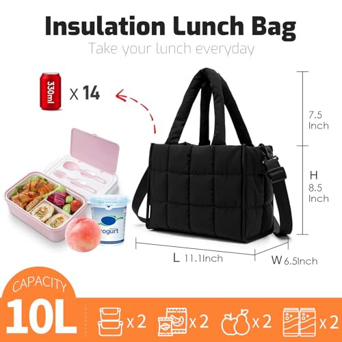 NOL Women's Nylon Lunch Cooler Quilted Tote Bag Puffy Insulated Lunch Bag for Women, Lightweight Waterproof Lunch Box