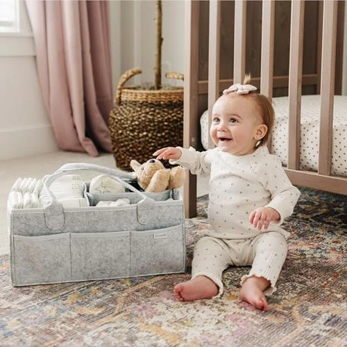 PUTSKA Baby Diaper Caddy Organizer, Felt Nursery Basket, Gray, Large Set