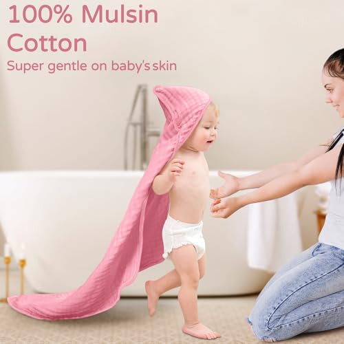 Yoofoss Hooded Baby Towels for Newborn 2 Pack 100% Muslin Organic Cotton Baby Bath Towel with Hood for Babies, Infant,