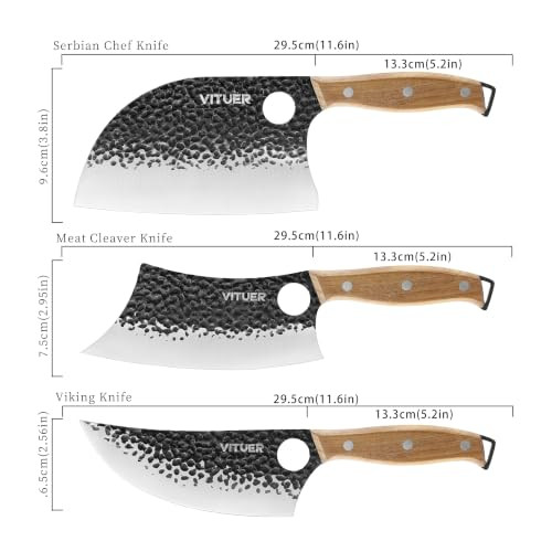 3PCS Butcher Knife Set, Hand Forged 7" Butcher Meat Cleaver, 7" Serbian Chef and 6.5" Viking Knife, Great for Indoor &