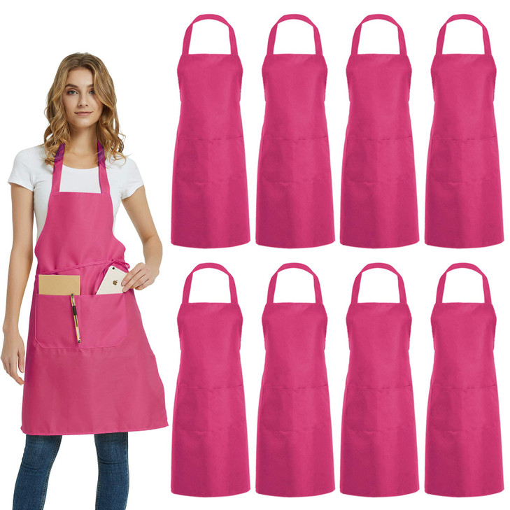 DUSKCOVE 8 Pack Bib Aprons Bulk - Unisex Pink Commercial Apron with 2 Pockets for Kitchen Crafting BBQ Drawing Cooking