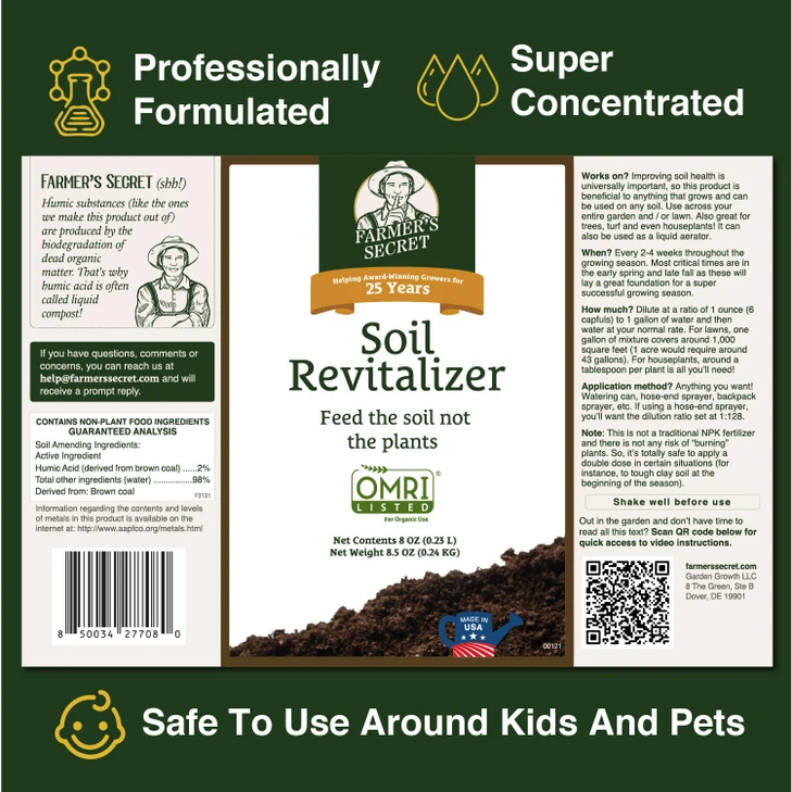 Farmers Secret Soil Revitalizer - Organic (OMRI Listed) Dirt Health Booster - Liquid Compost Soil Amendment -