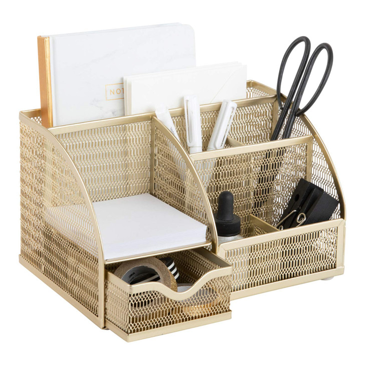 BLU MONACO | Gold Desk Organizer with Drawer | Metal Desktop Caddy with Six Compartments for Office Supplies | Stylish