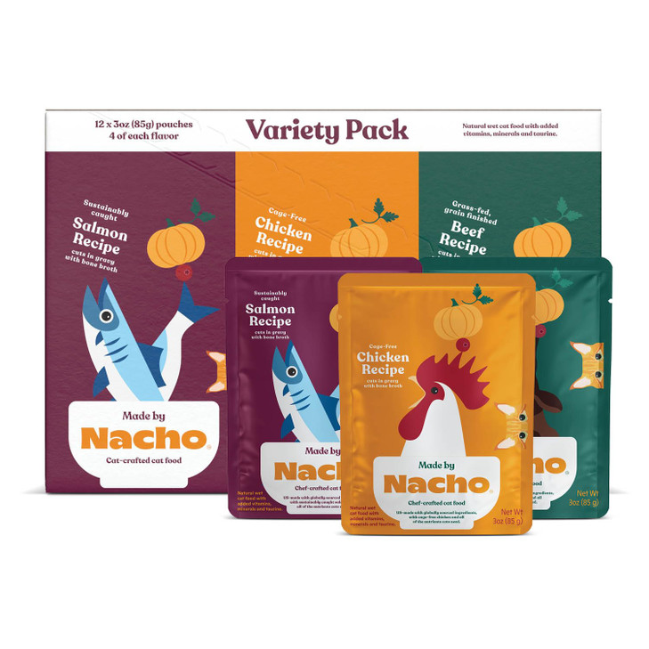 Made by Nacho Wet Cat Food Variety 12 Pack (3oz Each), Cage-Free Chicken, Sustainably Caught Salmon, Grass-Fed Beef