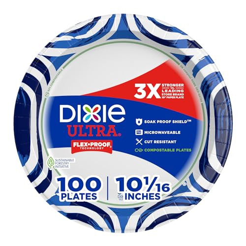 Dixie Ultra, Large Paper Plates, 10 Inch, 100 Count, 3X Stronger*, Heavy Duty, Microwave-Safe, Soak-Proof, Cut