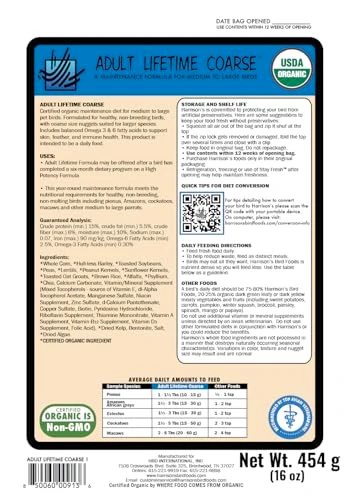 Harrison's Bird Foods Adult Lifetime Coarse Certified Organic Non-GMO Daily Maintenance Formula for Medium to Large
