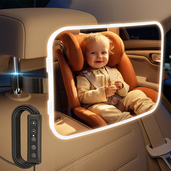 Baby Car Mirror for Rear-Facing Car Seat with Light, USB Powered Hook Clip
