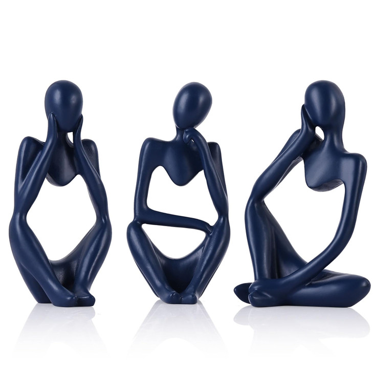 Navy Blue Thinker Statue Decor for TV Stand, Shelf, Desk, or Coffee Table - Set of 3 Resin Figurines for Living Room