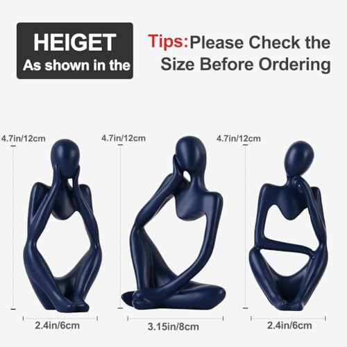 Navy Blue Thinker Statue Decor for TV Stand, Shelf, Desk, or Coffee Table - Set of 3 Resin Figurines for Living Room