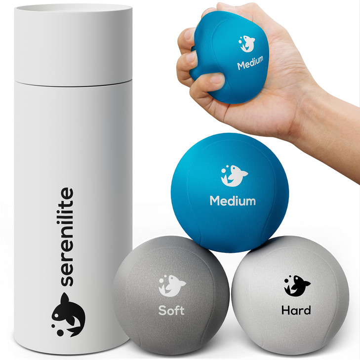 Serenilite 3X Hand Therapy Exercise Stress Ball Bundle for Adults, Grip Strengthening, Tri-Density Squeeze Balls, Hand