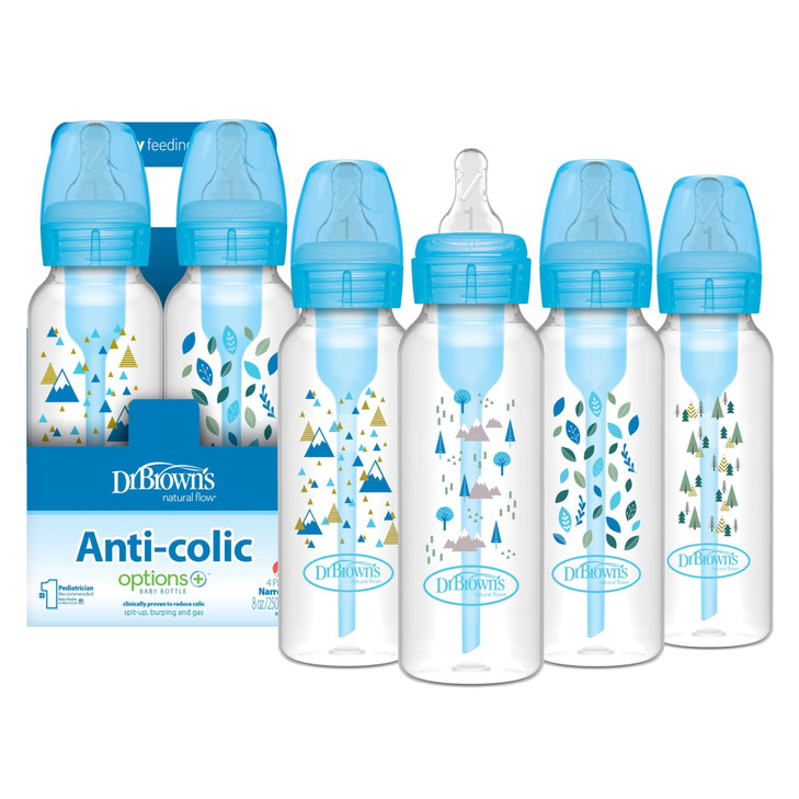 Dr. Brown's Natural Flow Anti-Colic Options+ Narrow Baby Bottle, Blue Nature, 8 oz/250 mL, with Level 1 Slow Flow
