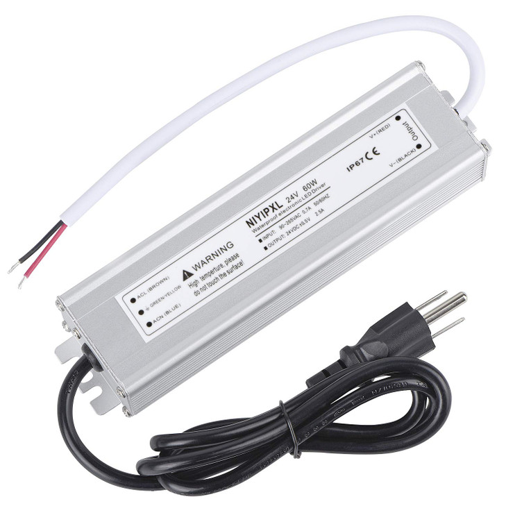 LED Driver 60 Watts 24V DC Low Voltage Transformer Waterproof IP67 LED Power Supply, Adapter with 3-Prong Plug 3.3