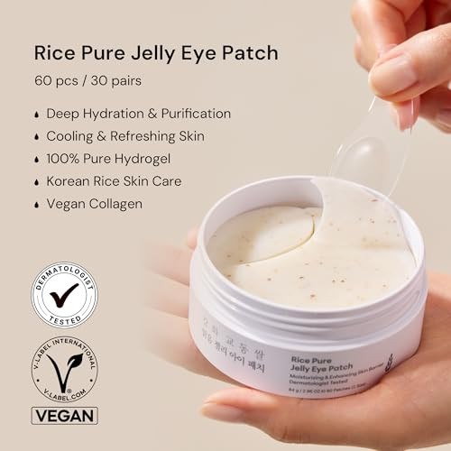 THANKYOU FARMER Rice Pure Jelly Eye Patch, 60 Count, Hydrogel Under Eye Mask Patches, Cooling Vitality & Elasticity