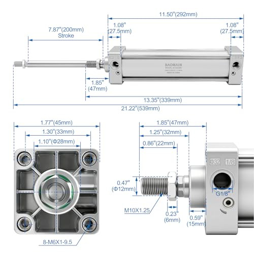 BAOMAIN Pneumatic Air Cylinder 1-1/4" Bore 8" Stroke SC32x200