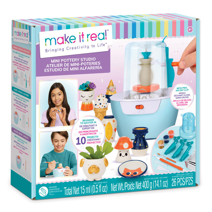 Make It Real Mini Pottery Studio - 26-Piece DIY Pottery Kit with Mess-Free Air Dry Clay - Create 10 Miniature