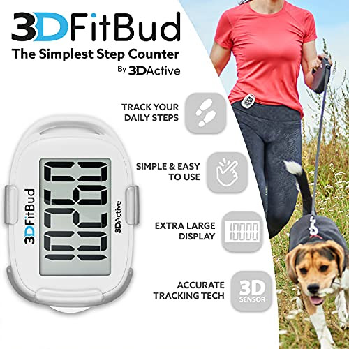 3DFitBud Simple Step Counter Walking 3D Pedometer by 3DActive with Clip, Lanyard Accurate Step Tracker Large Display,
