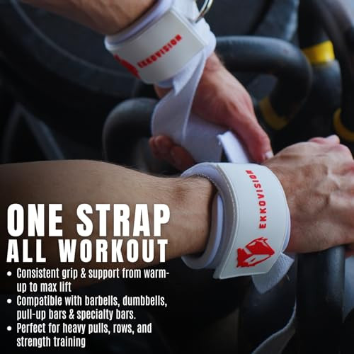 Ekkovision Weight Lifting Straps, Cuffed D Ring, Phase 3 Logo, White