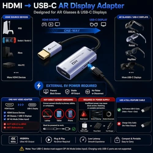 Guermok AR Glasses HDMI to USB-C Display Adapter, 4K60Hz Video Converter