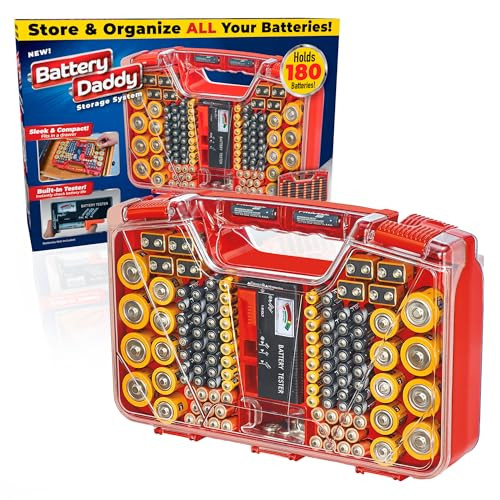 Ontel Battery Daddy Storage & Organizer Case w/Tester, Stores & Protects Up to 180 Batteries, Double-Sided, Clear