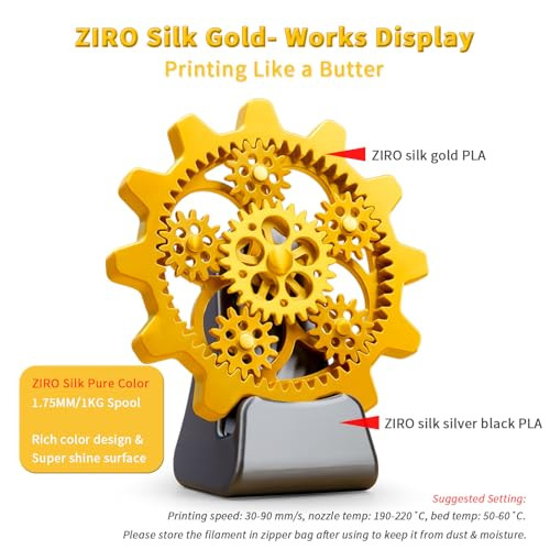 ZIRO Silk PLA Filament, 1.75mm 1KG Spool, Accuracy +/- 0.03mm, Gold