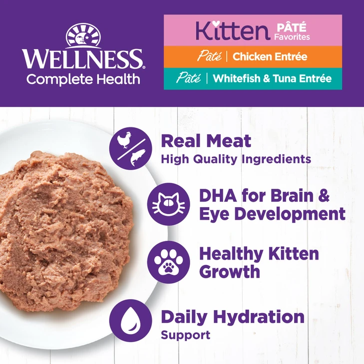 Wellness Complete Health Pate Variety Pack Kitten Canned Wet Cat Food, Natural, Protein Rich, Grain Free, Whitefish