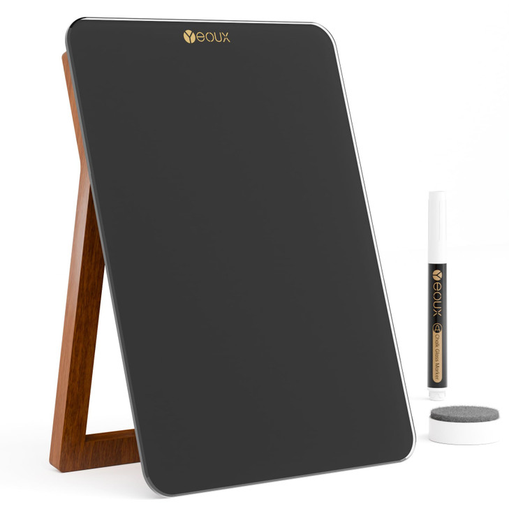 Desktop Black Glass Dry Erase Whiteboard with Reversible Wood Stand, Small Portable White Board Easel for Desk,