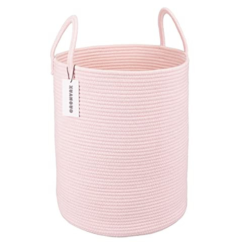 XUANGUO Cotton Rope Laundry Basket Hamper for Girls Kids Baby Nursery Pink