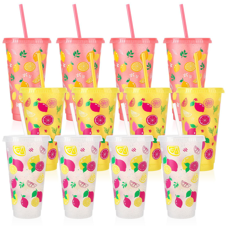 Ovveroche 12 Pcs Lemon Plastic Cups with Lids and Straws 24 oz