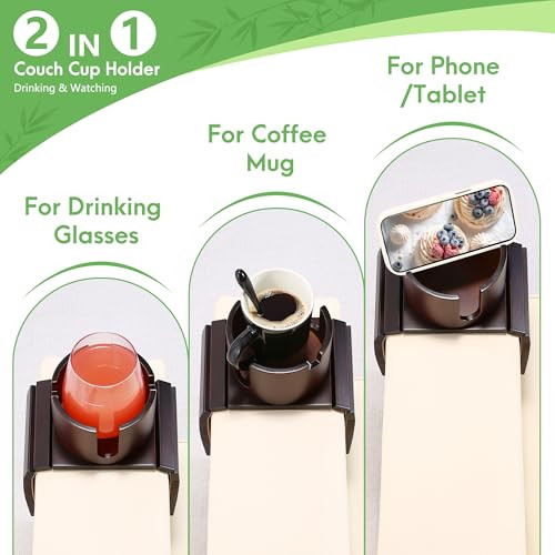 SINWANT Couch Cup Holder, 2 in 1 Bamboo Sofa Arm Clip on Cup Holder with 360 Rotated Phone Stand, Foldable Anti-Slip