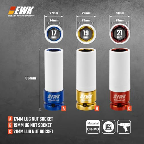 EWK 1/2" Drive Non Marring Lug Nut Socket Set, 17mm 19mm 21mm