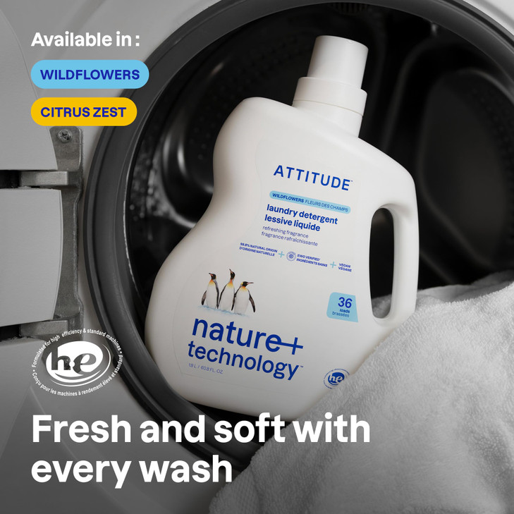ATTITUDE Liquid Laundry Detergent, EWG Verified, HE Compatible, Plant-Based & Vegan, Natural Laundry Soap, Wildflowers