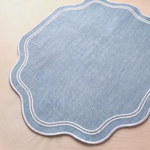 Breling 6 Pcs Cotton Placemats Cotton, Scalloped Edge Light Blue