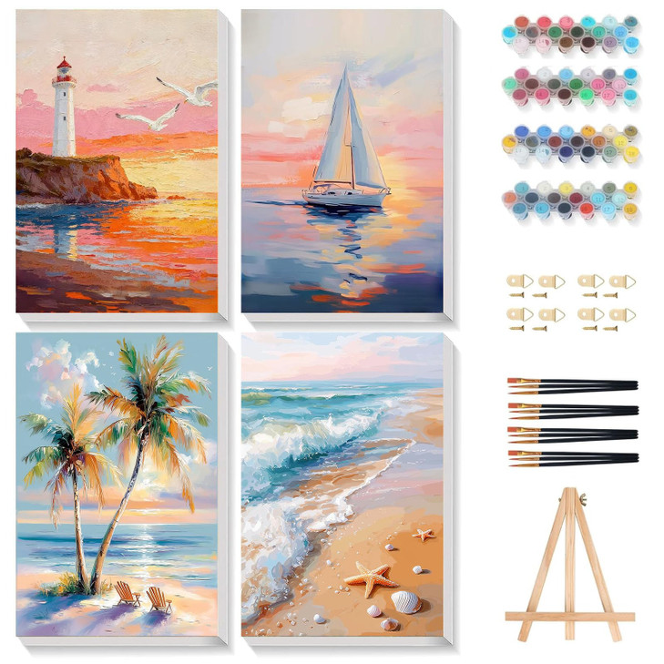 Gemozaic 4 Pack Beach Framed Paint by Numbers Kit for Adults, 8 x 12 Inch