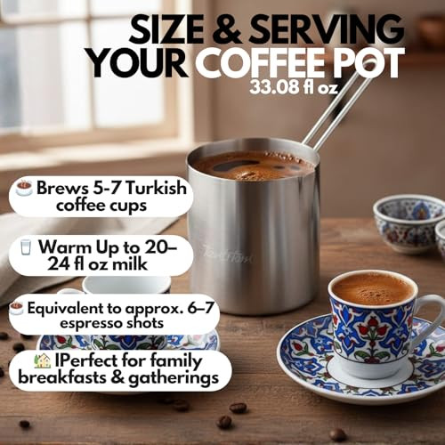 Turkish Coffee Pot 33.8 fl oz (1000ml)  Stainless Steel Cezve for Stovetop, Large Coffee Pot for Family Use, Dual