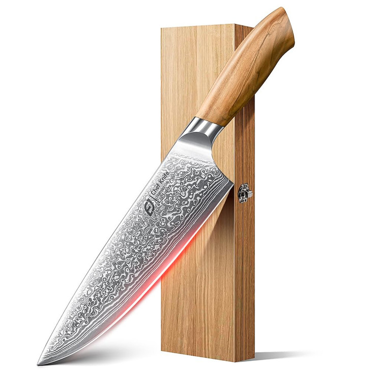 Damascus Chef Knife in Japanese Steel, 67-Layers Damascus Kitchen Knife with Wooden Gift Box and Original Olive Wood